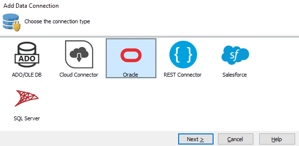 Choose from ADO/OLE DB, Cloud Connector, SQL Server, or Oracle connection.